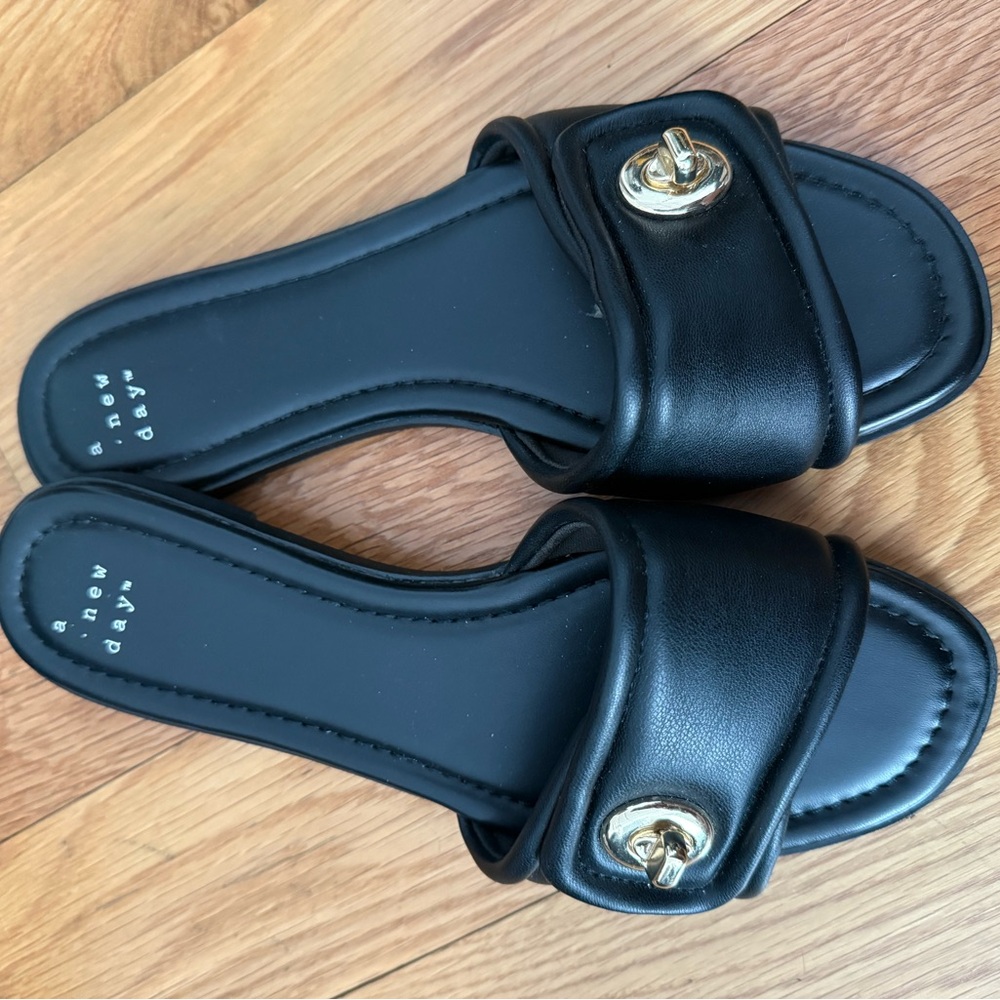 Black Slide Sandals with Gold Accents